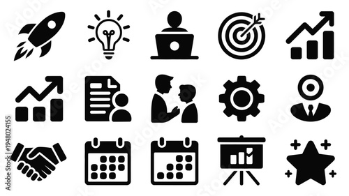 Collection of business and startup icons in black silhouette style on white background for marketing and finance concepts