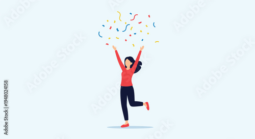 Happy woman raises her arms in celebration as colorful confetti falls around her to mark a special occasion.