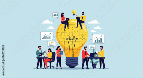 Vector flat design illustration of a group of people working around a large lightbulb with ideas and graphs floating in the air, in a colorful and creative flat lay composition.