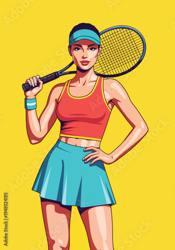 Confident female tennis player holding racket in professional sports portrait style, clean flat vector illustration isolated on light background, ideal for fitness branding and tournament promotion