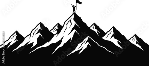 Black and white of a person standing on of a mountain with a flag silhouette