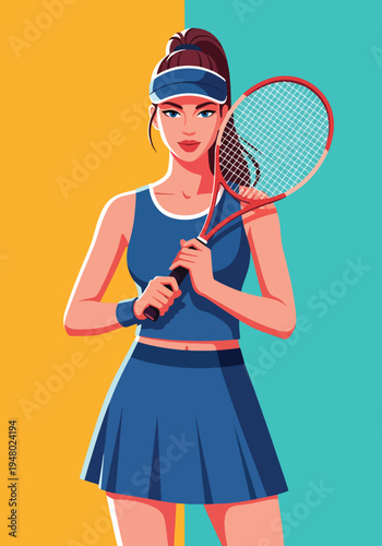 Confident female tennis player holding racket in professional sports portrait style, clean flat vector illustration isolated on light background, ideal for fitness branding and tournament promotion