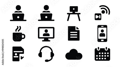 Remote work icons set including laptop coffee headset cloud calendar and more on white background for business and technology concepts