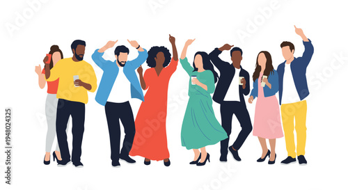 Joyful group of young friends celebrate and dance together at a lively party with colorful drinks and music.