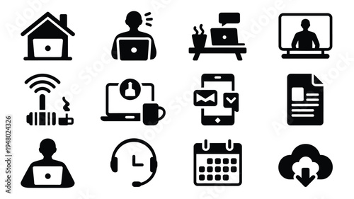 Black silhouette icons for remote work business and productivity on white background