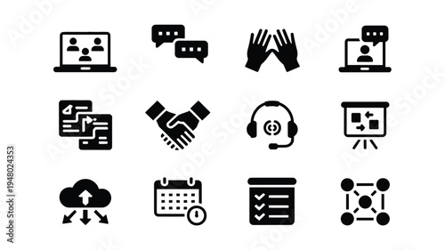 Business communication icons set people technology and partnership symbols for corporate concepts