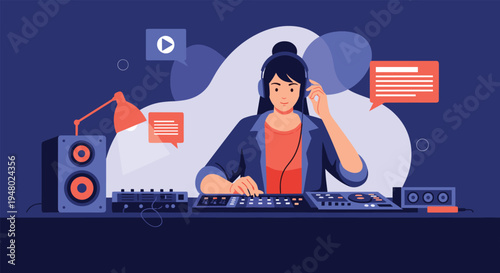 Busy female DJ wearing professional headphones works at her mixing console in a studio with music equipment.