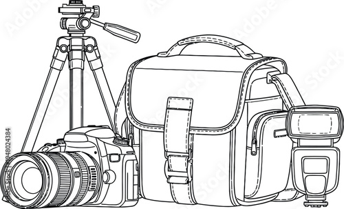 Line of camera accessories and equipment setup with tripod and camera bag