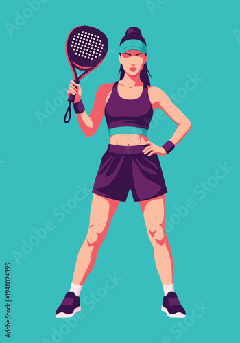 Athletic woman holding padel racket in modern flat vector portrait style, vibrant sports illustration ideal for club promotion, fitness marketing and recreational activity themes