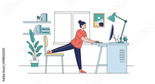 Healthy woman performing leg stretches at her standing desk while working on a computer in a modern home office setting.
