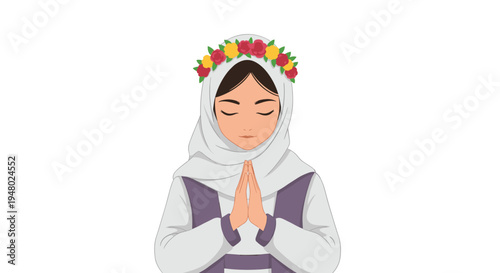 Young woman in a white hijab and floral crown holding her hands together in a peaceful prayer or greeting gesture.