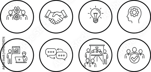 Business process and teamwork line icon set featuring partnership handshake lightbulb idea brainstorming and professional corporate strategy symbols.