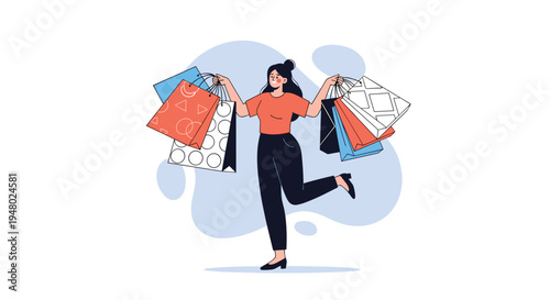 Excited young woman celebrating a successful shopping trip while carrying numerous colorful bags in both arms with joy.