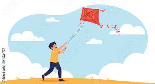Happy young boy running across a grassy field under a bright blue sky while flying a large red patterned kite with ribbons.
