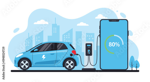 Electric vehicle charging at a station in the city while a large smartphone screen displays an eighty percent battery level.