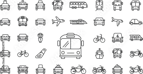 Iconic transportation vehicles collection in monochrome line buses cars