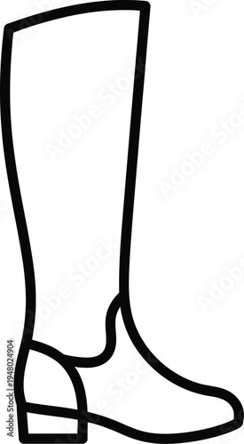 A simple black and white line art illustration of a tall knee high leather fashion riding boot