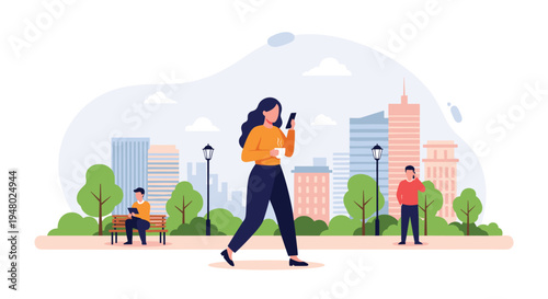 Young woman walking through a sunny city park with a coffee cup and smartphone while other people relax nearby on benches.