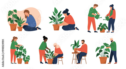 Large set of diverse people of all ages and ethnicities caring for their indoor plants by watering and repotting them.