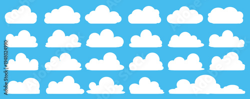 set of vector illustrations of clumpy clouds, cloud bubbles in flat style on a blue background