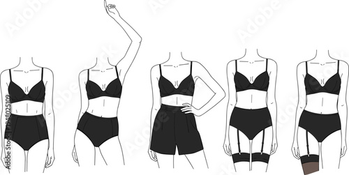 Flat vector illustration of five female figures in different lingerie styles with stockings, garter belts, high-waisted panties, fashion design concept, intimate apparel illustration