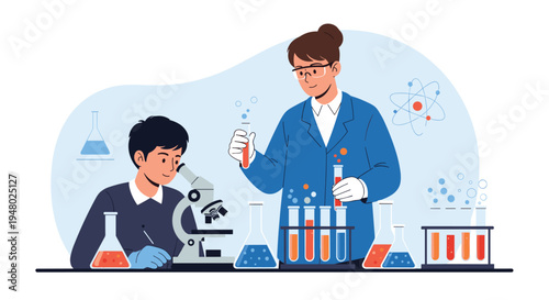 Pair of professional scientists working in a modern laboratory conducting experiments with test tubes, microscopes, and chemicals.