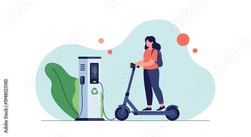 Woman wearing a backpack standing on an electric kick scooter while charging it at a modern urban green energy station.