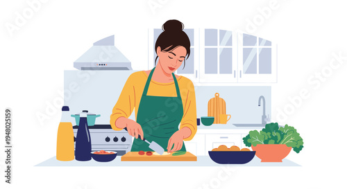 Young woman in a green apron preparing a healthy meal by chopping vegetables on a wooden cutting board in a clean kitchen.
