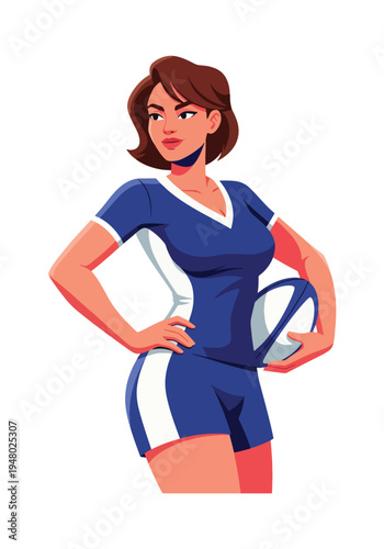 Strong athletic female rugby player holding ball in bold sports portrait style, clean flat vector illustration ideal for team branding, fitness campaigns and tournament marketing
