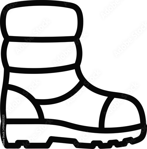 A black and white line art illustration of a durable winter boot designed for cold weather hiking