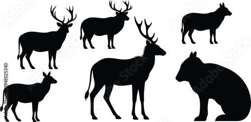 Silhouetted deer and deer stags in monochromatic forest silhouettes deer silhouettes