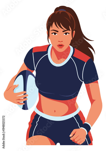 Strong athletic female rugby player holding ball in bold sports portrait style, clean flat vector illustration ideal for team branding, fitness campaigns and tournament marketing