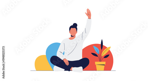 Person sitting in a cross-legged meditation pose with one hand raised against a background of large abstract colorful shapes.