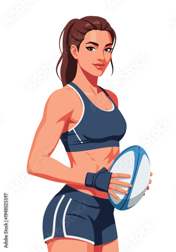 Strong athletic female rugby player holding ball in bold sports portrait style, clean flat vector illustration ideal for team branding, fitness campaigns and tournament marketing