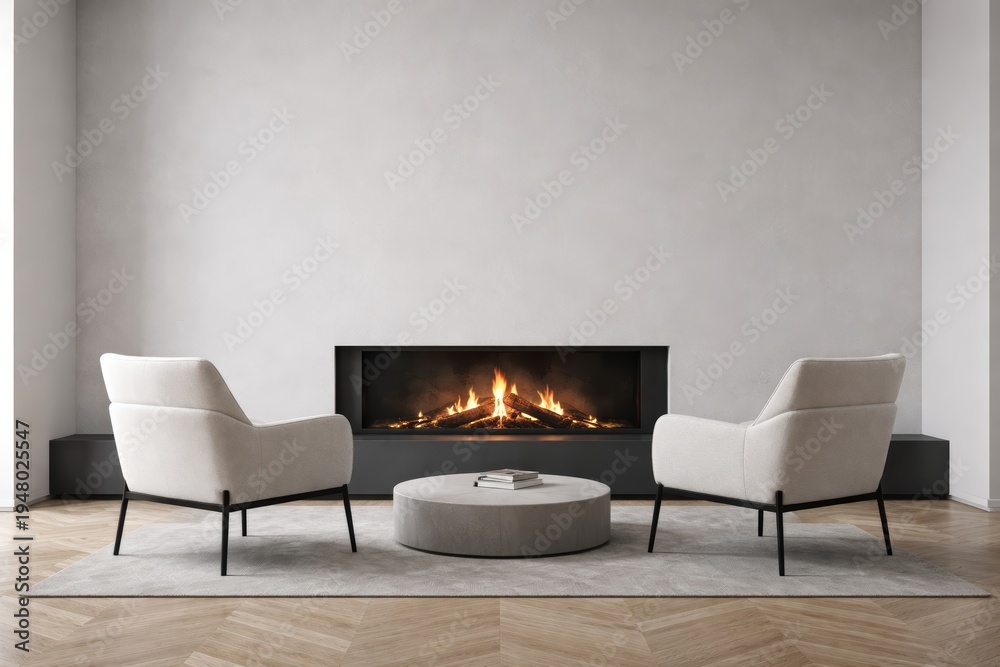 Fototapeta premium Modern livingroom with fireplace interior scene.