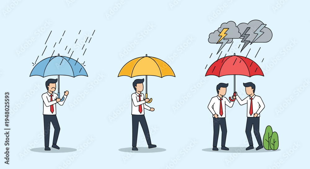 Fototapeta premium Three illustrations compare different people using umbrellas to protect themselves from rain, wind, and lightning storms.