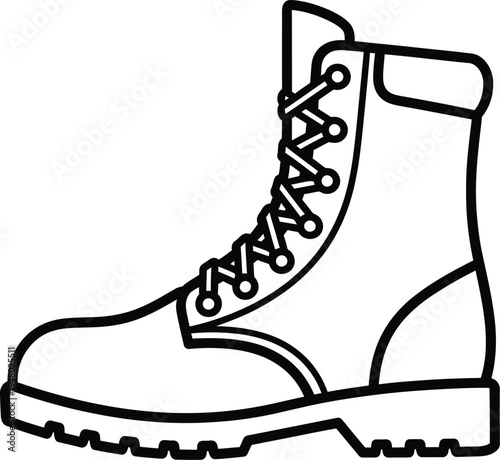 A sturdy leather hiking boot with thick laces and a rugged tread sole designed for outdoor travel