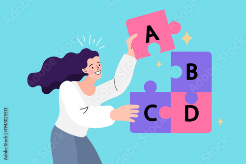 Woman assembling alphabet puzzle pieces representing a step-by-step approach to success. Flat vector illustration of strategic planning, problem solving, and educational fundamentals.