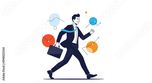 Successful businessman runs forward with a briefcase surrounded by various data charts and financial growth indicators.