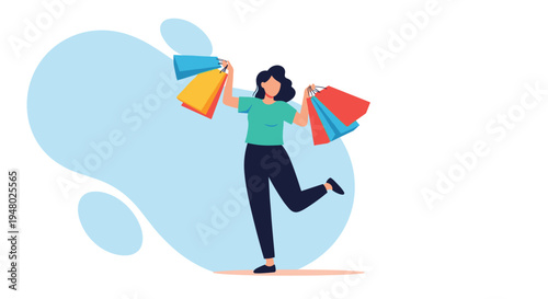 Young woman jumps with joy while holding multiple colorful shopping bags from a successful spree at the local retail mall.
