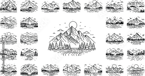 Sketchy mountain scenic variations with central sunlit peak collection