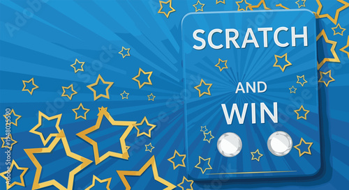 Bright blue lottery scratch card features the text scratch and win surrounded by glowing golden stars on a sunburst background.