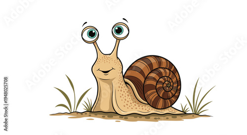 Adorable cartoon snail with large expressive eyes and a brown striped shell crawls slowly through small patches of green grass.