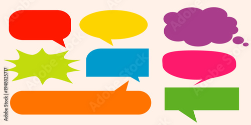 A simple design set of colorful message comment chat boxes. A collection of comic and social media speech bubbles, text boxes, and chat boxes. A vector set of comic and social media speech bubbles.