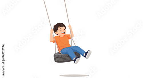 Young boy experiences the thrill of swinging high on a tire swing suspended from ropes against a plain white background.