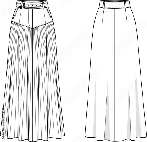 Women High Waisted Pleated Maxi Skirt with Belted Yoke Technical CAD Drawing Flat Vector Illustration, Front and Back View Fashion Template