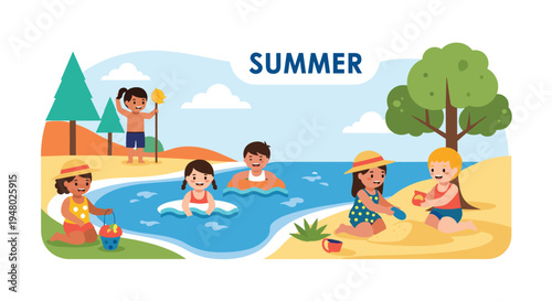 Group of happy children enjoy their summer vacation by playing in the sand and swimming in the ocean on a sunny beach.