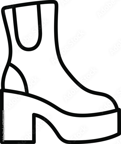A black and white line art illustration of a stylish ankle boot with a thick high platform heel