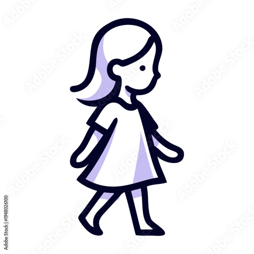 Logotipo de boutique de moda infantil. Dibujo sencillo con líneas de una niña andando con un vestido, vista de perfil