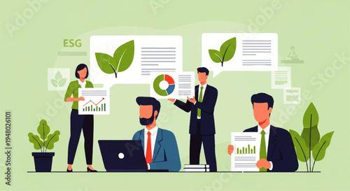Vector flat design illustration of a diverse team collaborating on ESG documents and graphs in a minimalist office setting with a green background.